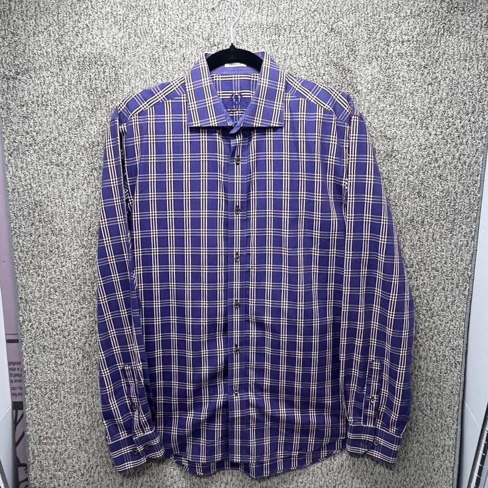 Bugatchi Uomo Mens XL Purple Plaid Shaped Fit Button Up Long Sleeve Shirt